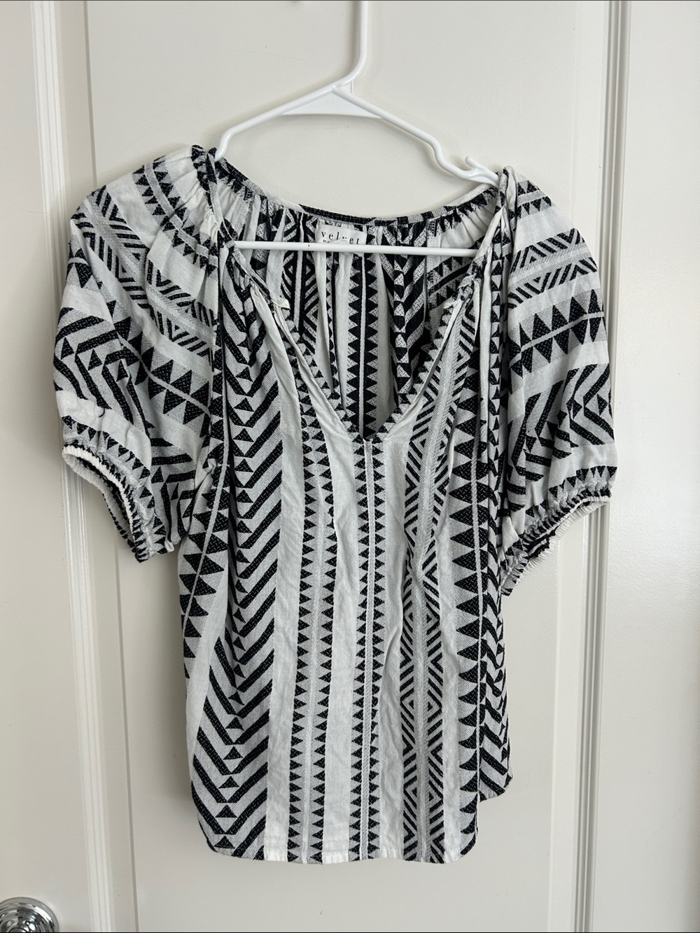 Velvet Black & White Geometric Peasant Top - XS